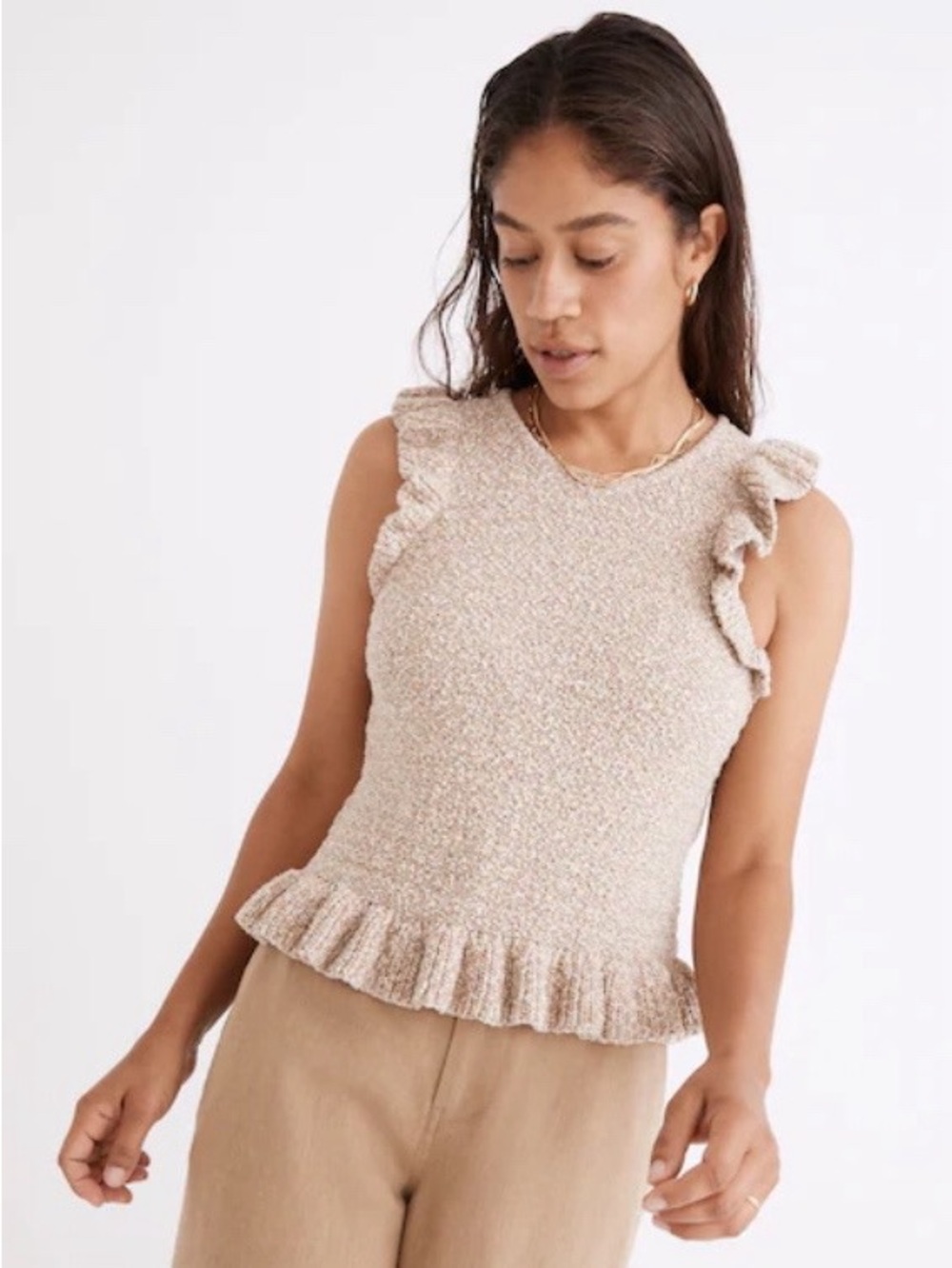 Madewell Nicollet Ruffle Sweater Tank Size S Cream 100% Cotton Sleeveless Knit